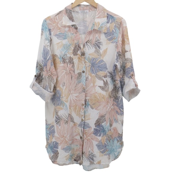Rosemarine Linen Floral Shirt Dress Button Front Roll Tab Italy Size M - Picture 3 of 11
